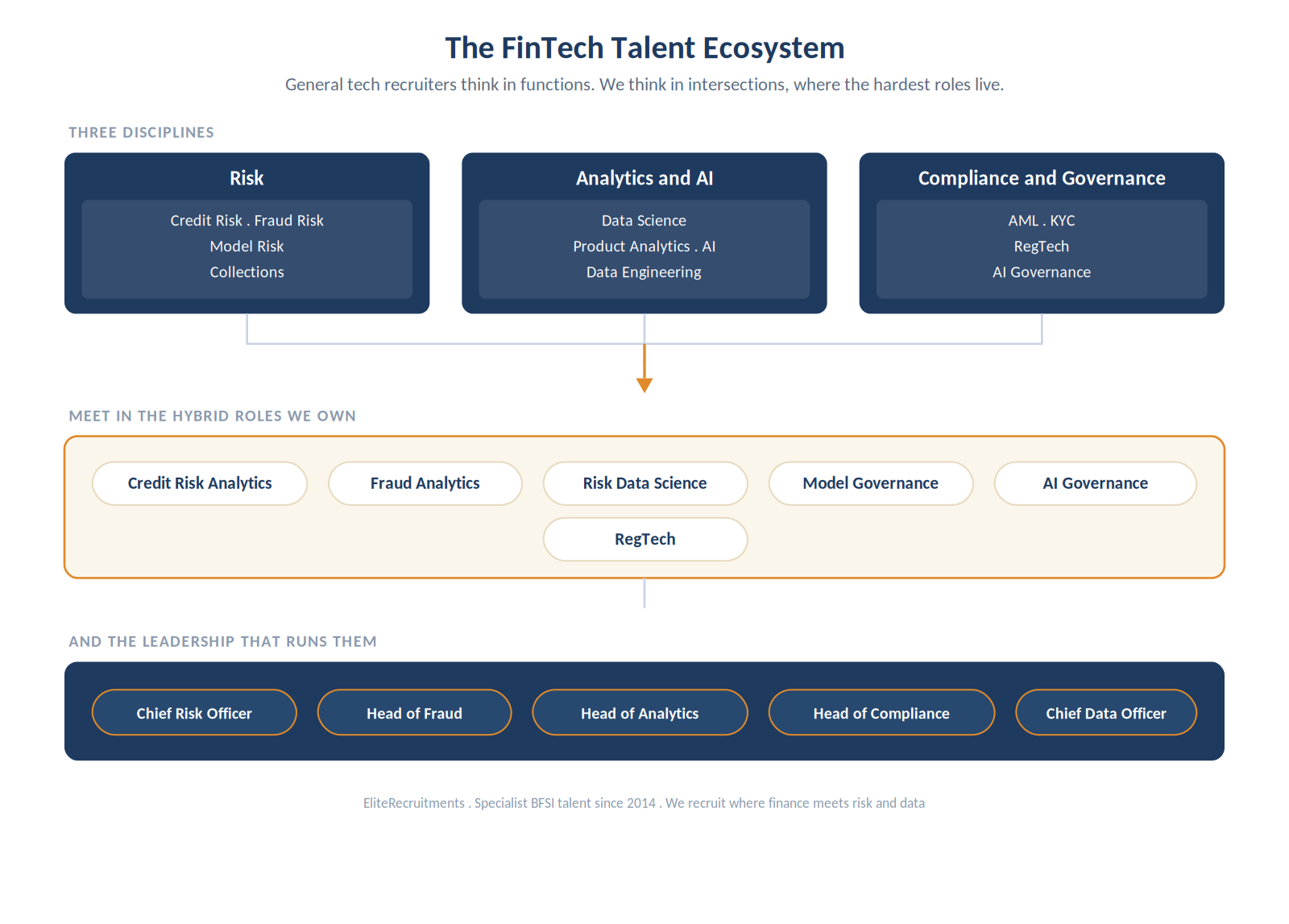 The fintech talent ecosystem shown as intersections not silos: risk, analytics and AI, and compliance and governance feeding into hybrid roles, credit risk analytics, fraud analytics, risk data science, model governance, AI governance and RegTech, up to leadership including chief risk officer, head of analytics, head of fraud and chief data officer