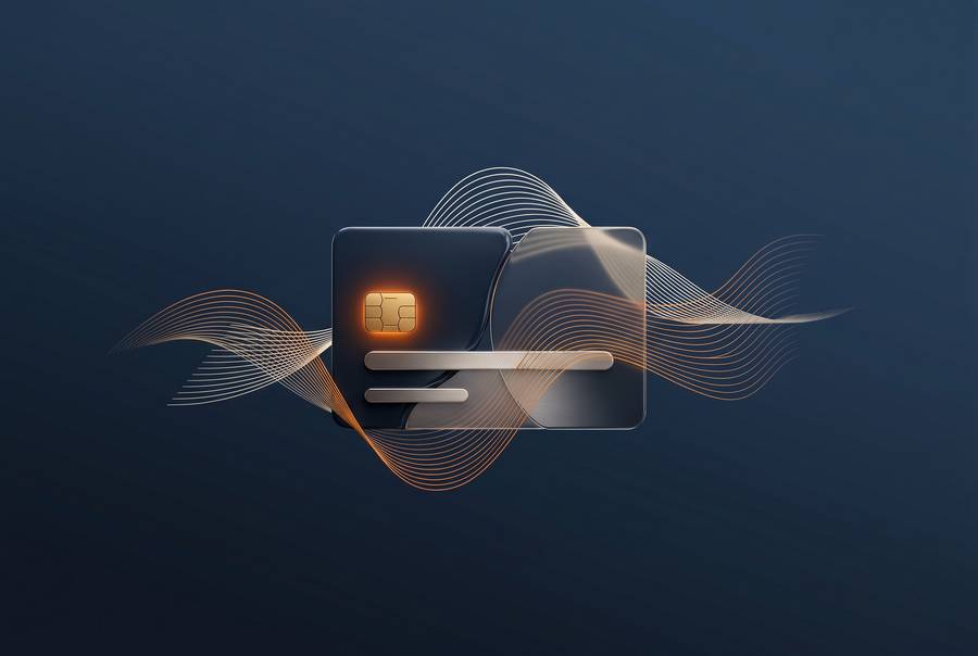 Abstract dimensional payment card and chip representing financial technology
