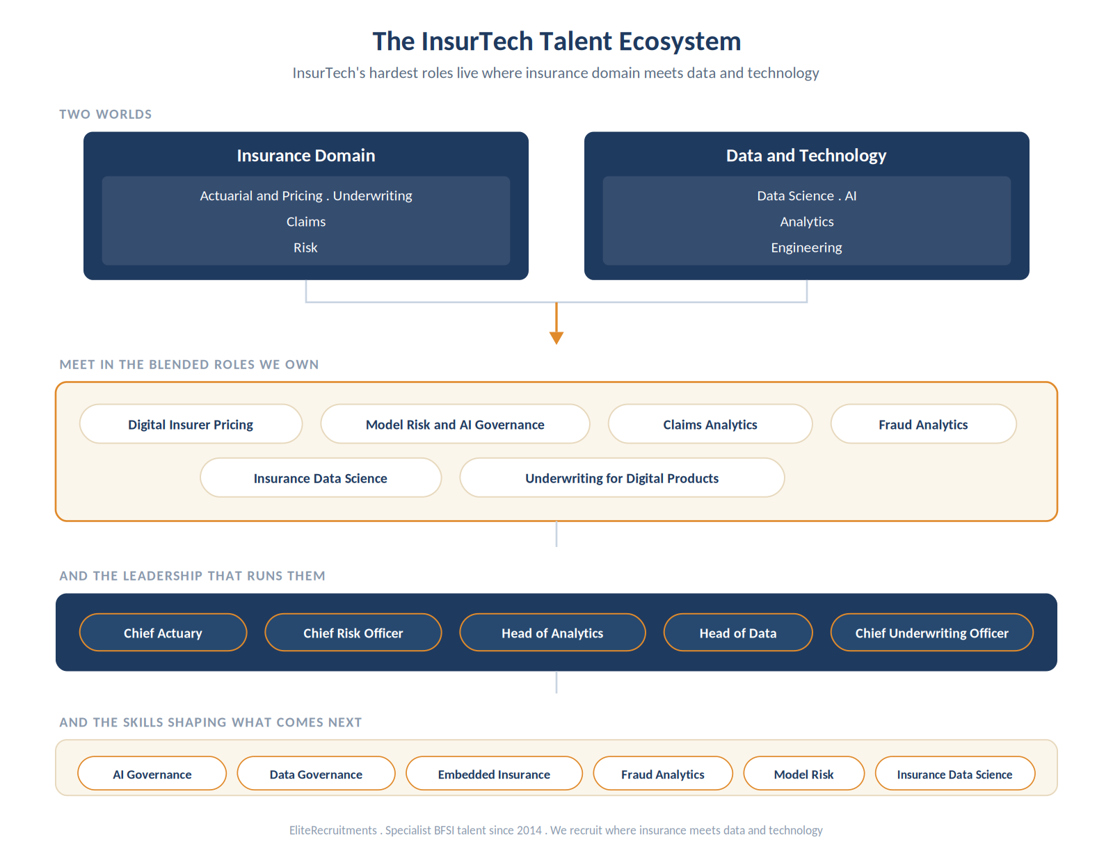 The insurtech talent ecosystem shown as insurance domain and data and technology meeting in blended roles: digital insurer pricing, model risk and AI governance, claims analytics, fraud analytics, insurance data science and underwriting for digital products, up to leadership including chief actuary, chief risk officer and head of analytics