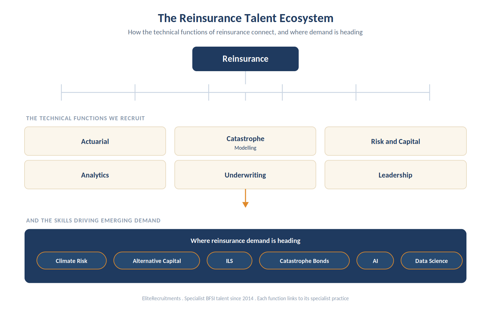The reinsurance talent ecosystem: reinsurance at the top, the functions beneath, actuarial, catastrophe modelling, risk and capital, analytics, underwriting and leadership, over an emerging demand band of climate risk, alternative capital, ILS, catastrophe bonds, AI and data science