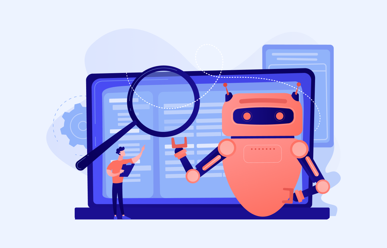 AI-powered recruitment process showing a robot analyzing resumes on a digital screen, symbolizing artificial intelligence in talent acquisition and hiring automation.