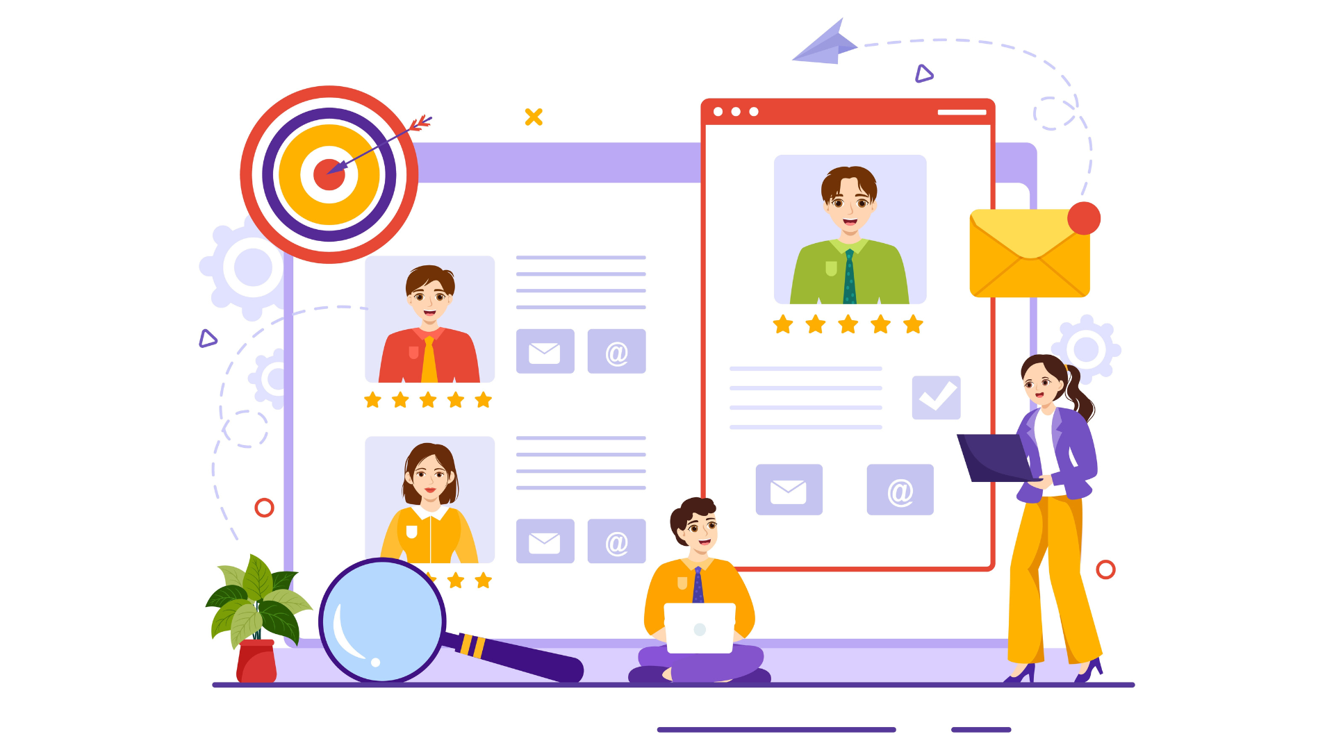 Illustration showing specialist recruitment and talent mapping process with candidate profiles, recruiter dashboard, ratings, communication icons, and hiring workflow elements.