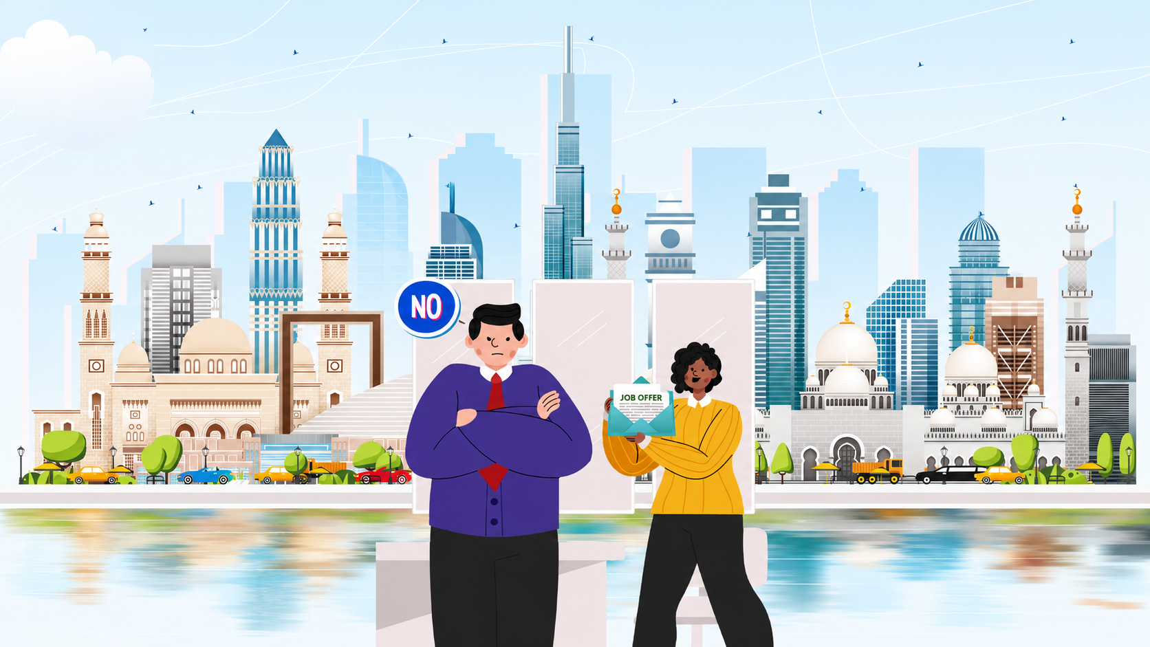 Illustration showing a professional rejecting a UAE job offer while another person holds a job offer letter, representing the impact of India GCC growth on UAE talent mobility.