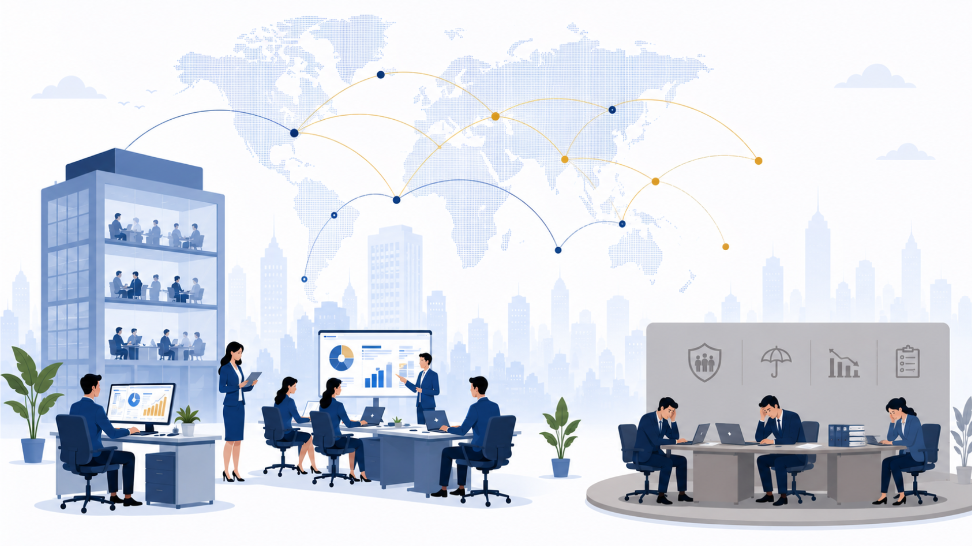 Illustration of a BFSI global capability centre team collaborating across actuarial, risk, analytics and insurance operations with global connectivity.