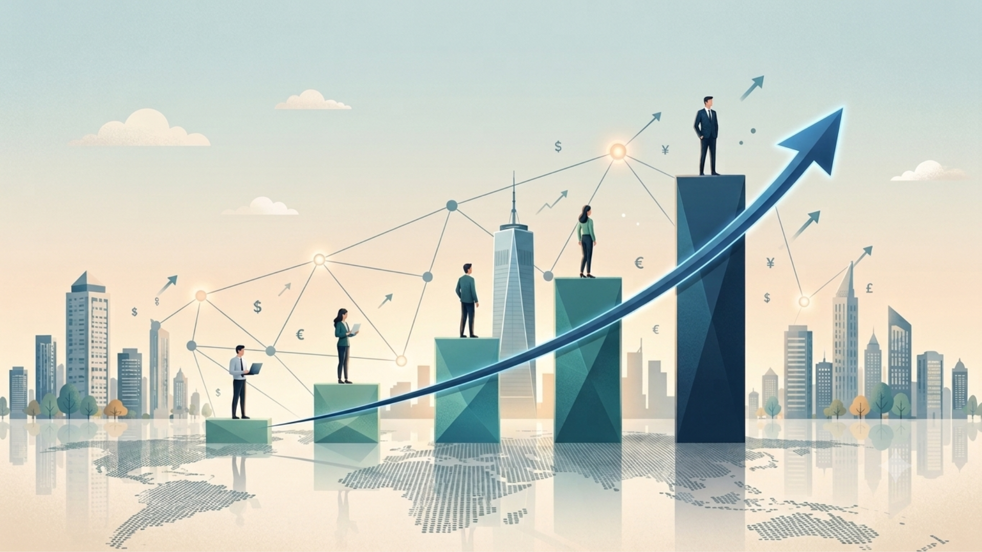 Illustration showing professionals progressing across rising business pillars with a global growth graph, representing GCC leadership development and organizational growth challenges.