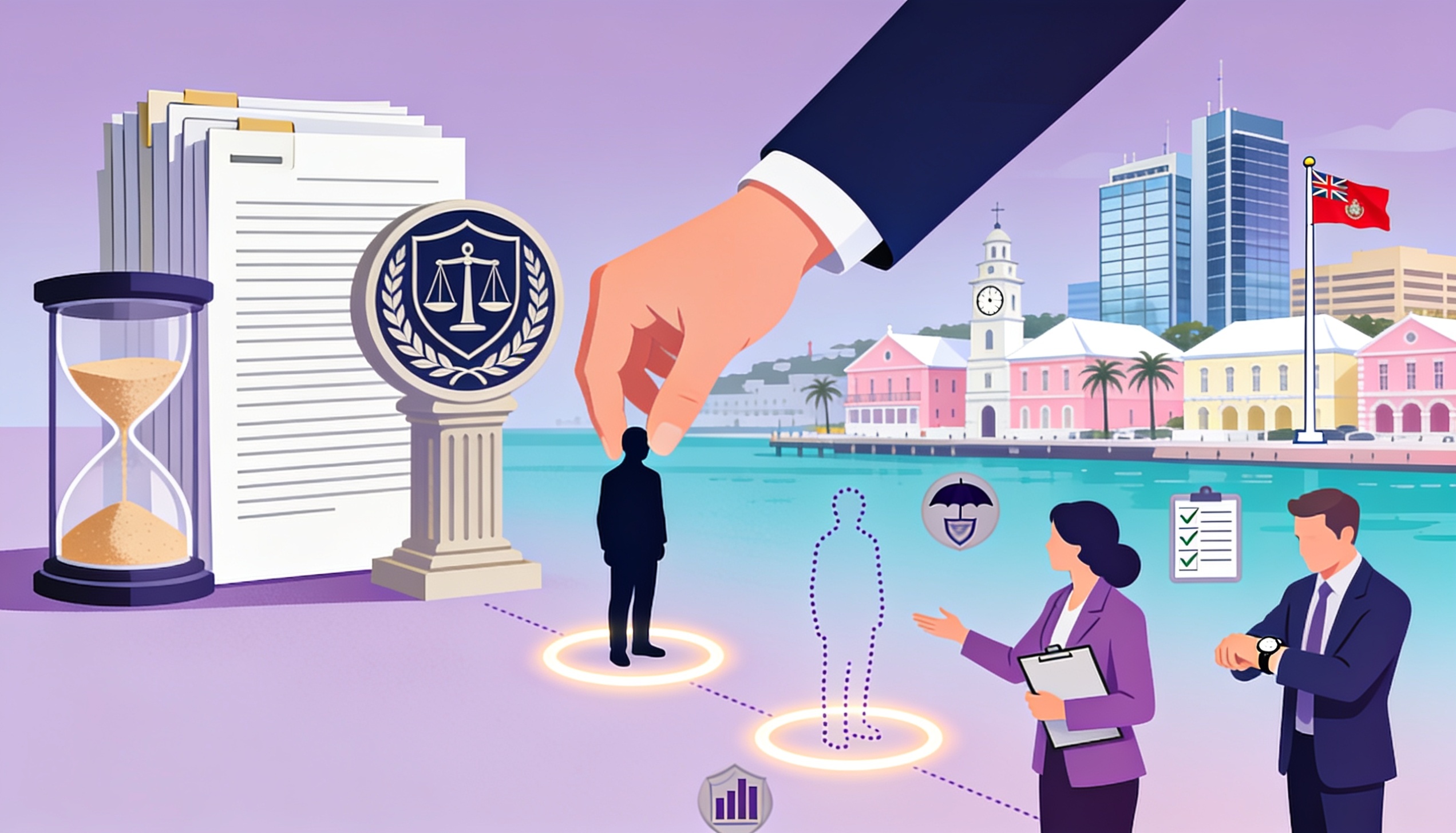 Illustration of Bermuda regulatory compliance driving urgent actuarial hiring, with an hourglass and unfilled specialist positions