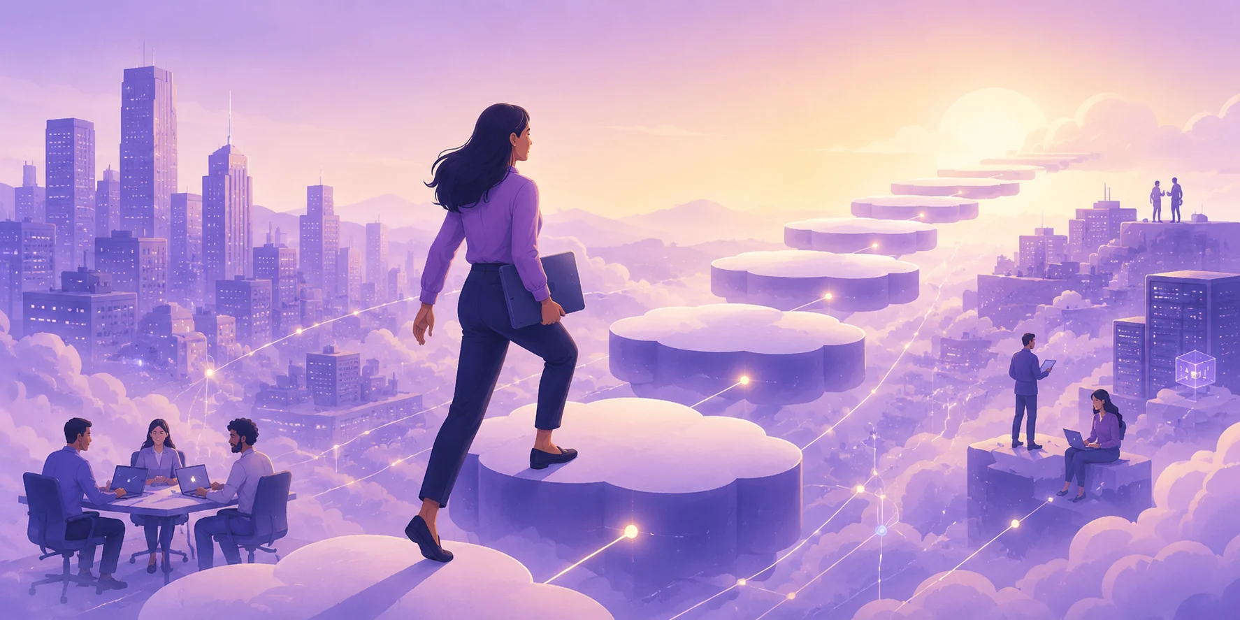 Cloud professional advancing across connected cloud platforms toward new career opportunities