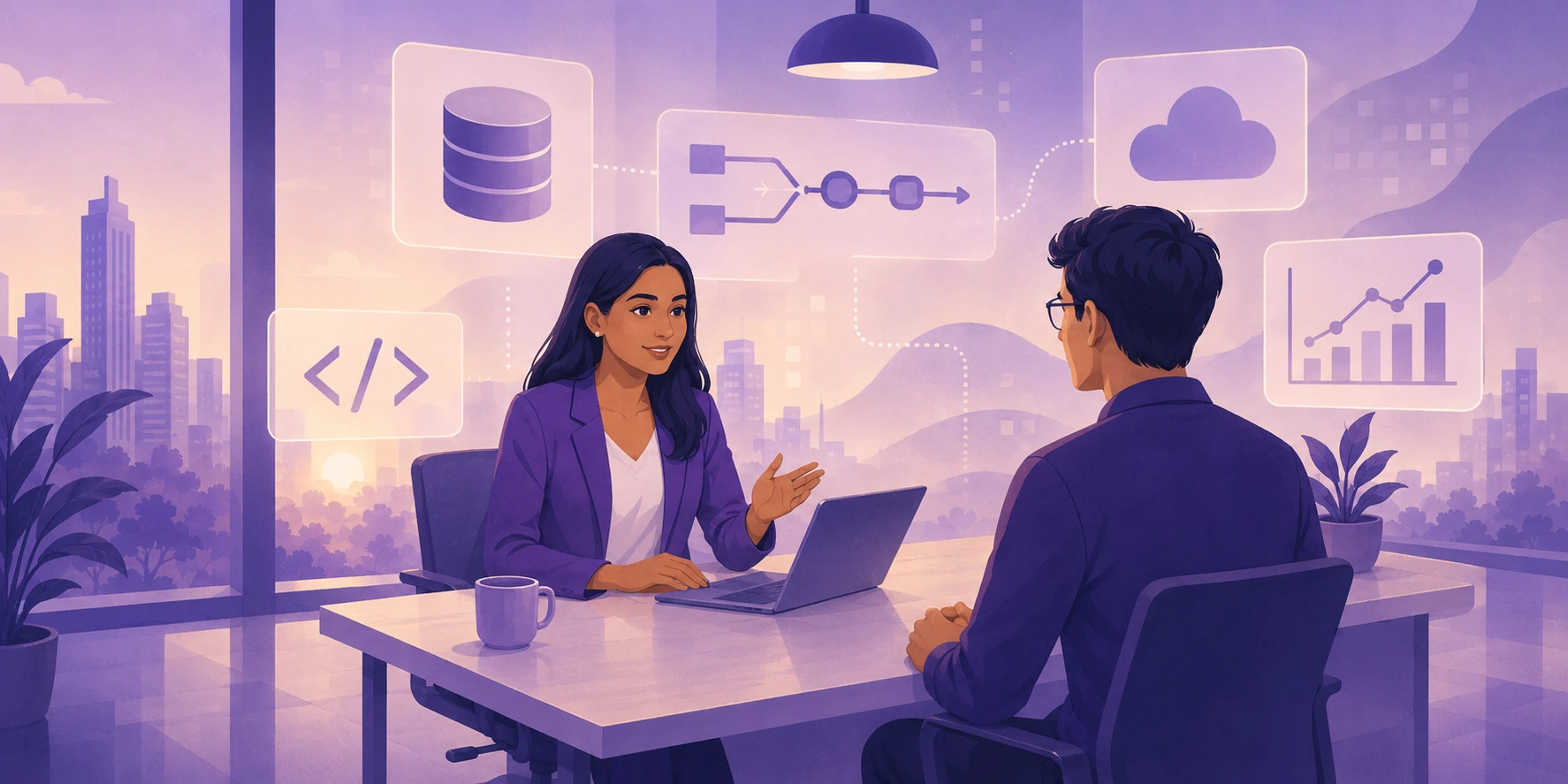 Candidate attending a data engineering interview surrounded by cloud, database and data pipeline concepts