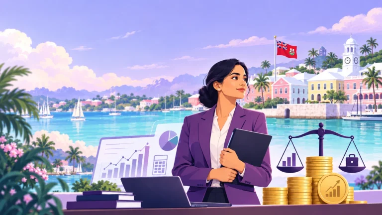 Actuary career illustration showing a professional woman with a magnifying glass, coin stacks, a balance scale, and Bermuda harbor in the background.